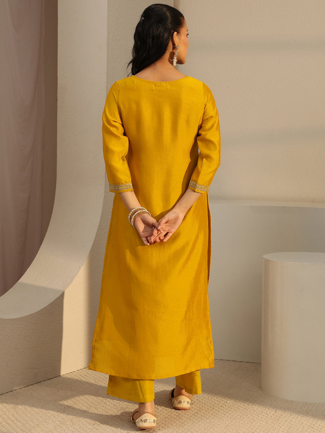 Mustard Ethnic Embroidered Silk Blend Straight Kurta