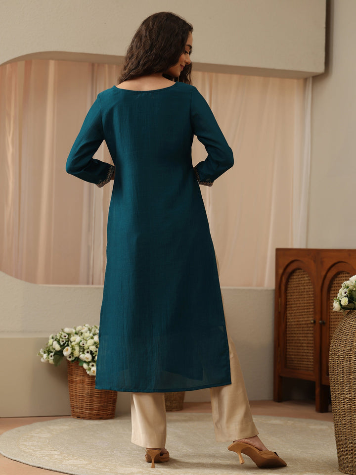 Teal Green Embroidered Silk Blend Straight Kurta