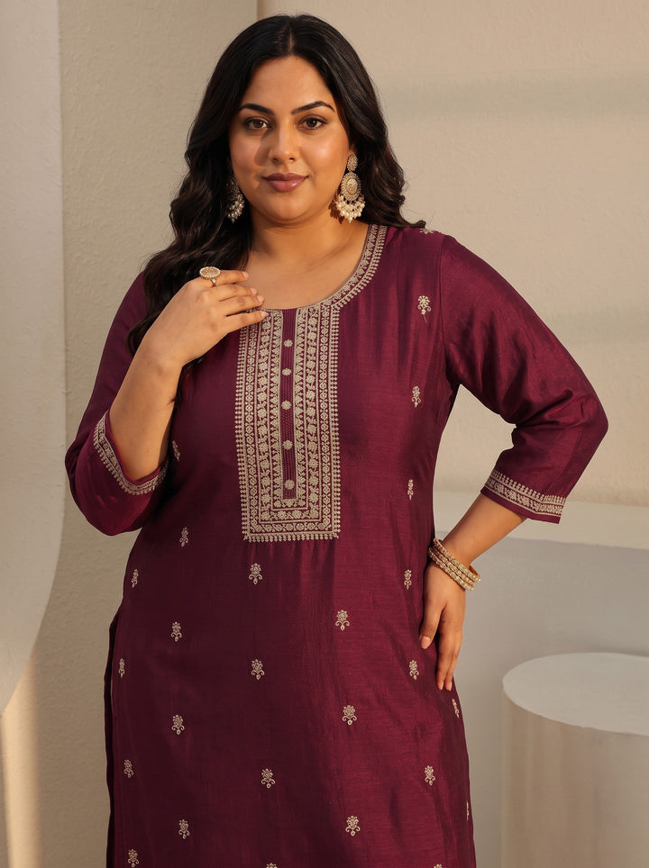 Plus Size Maroon Ethnic Embroidered Silk Blend Straight Kurta