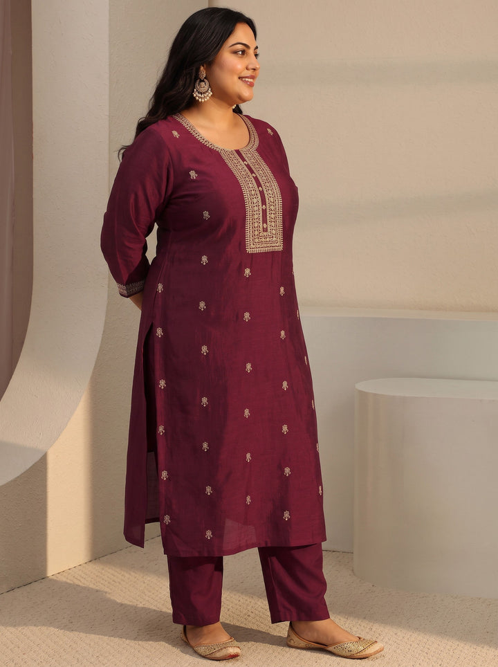 Plus Size Maroon Ethnic Embroidered Silk Blend Straight Kurta
