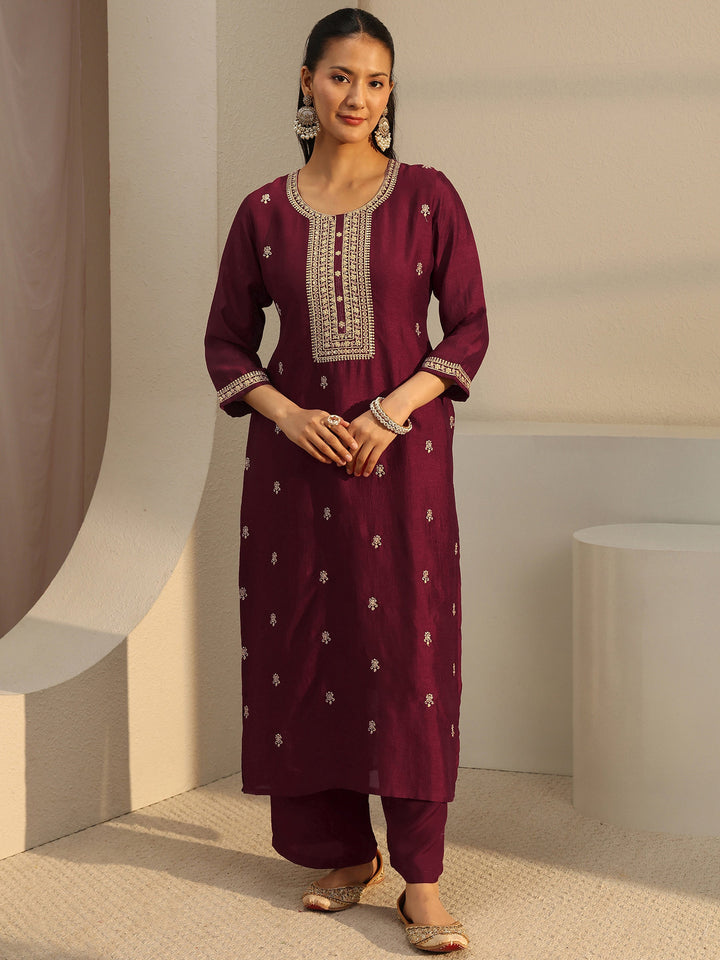Maroon Ethnic Embroidered Silk Blend Straight Kurta