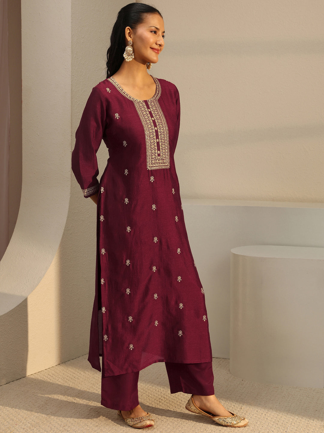 Maroon Ethnic Embroidered Silk Blend Straight Kurta