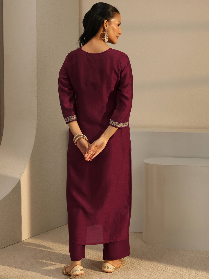 Maroon Ethnic Embroidered Silk Blend Straight Kurta