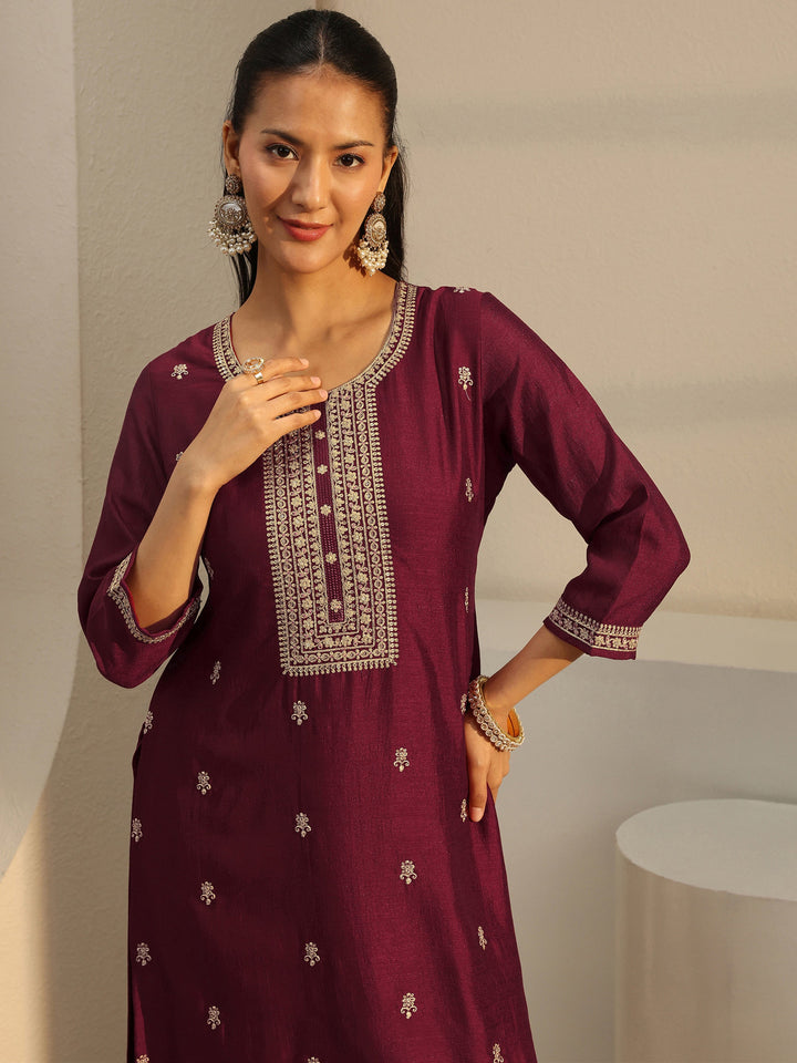 Maroon Ethnic Embroidered Silk Blend Straight Kurta