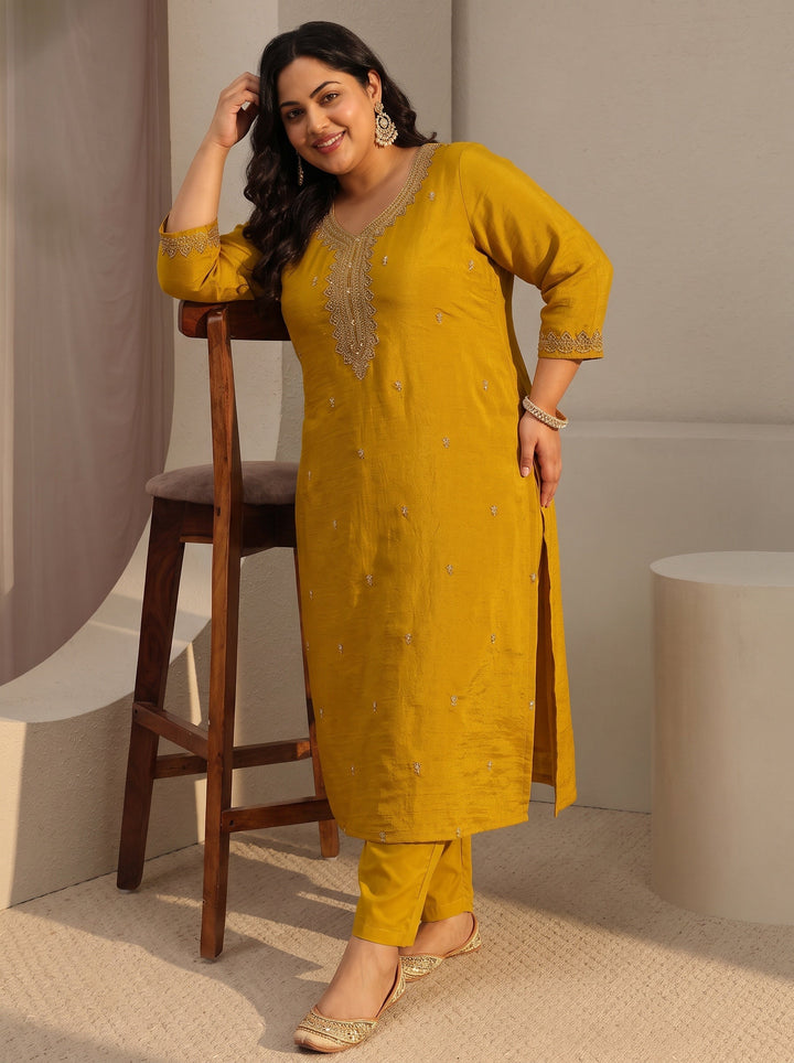Plus Size Mustard Ethnic Embroidered Silk Blend Straight Kurta