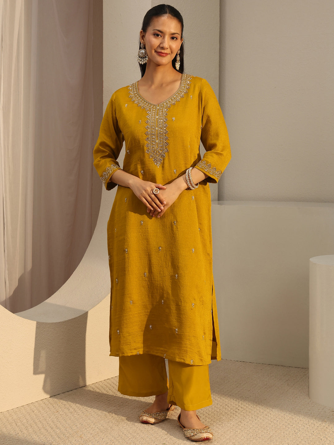Mustard Ethnic Embroidered Silk Blend Straight Kurta