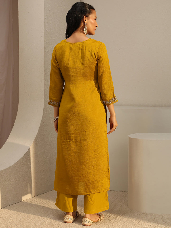 Mustard Ethnic Embroidered Silk Blend Straight Kurta