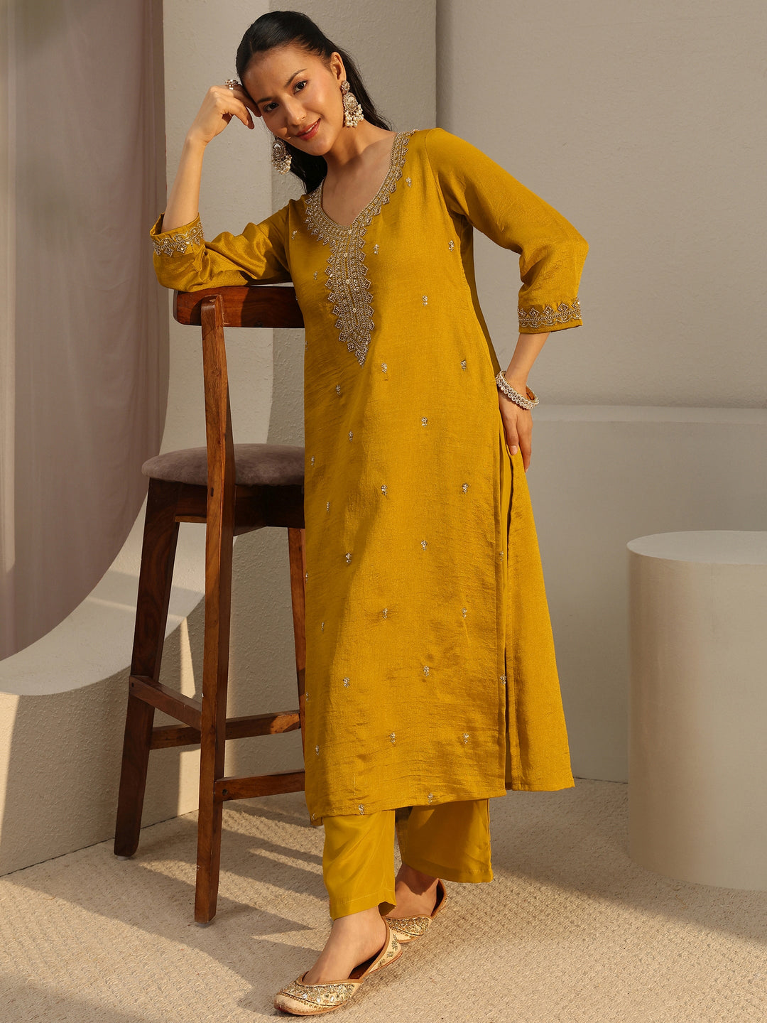 Mustard Ethnic Embroidered Silk Blend Straight Kurta