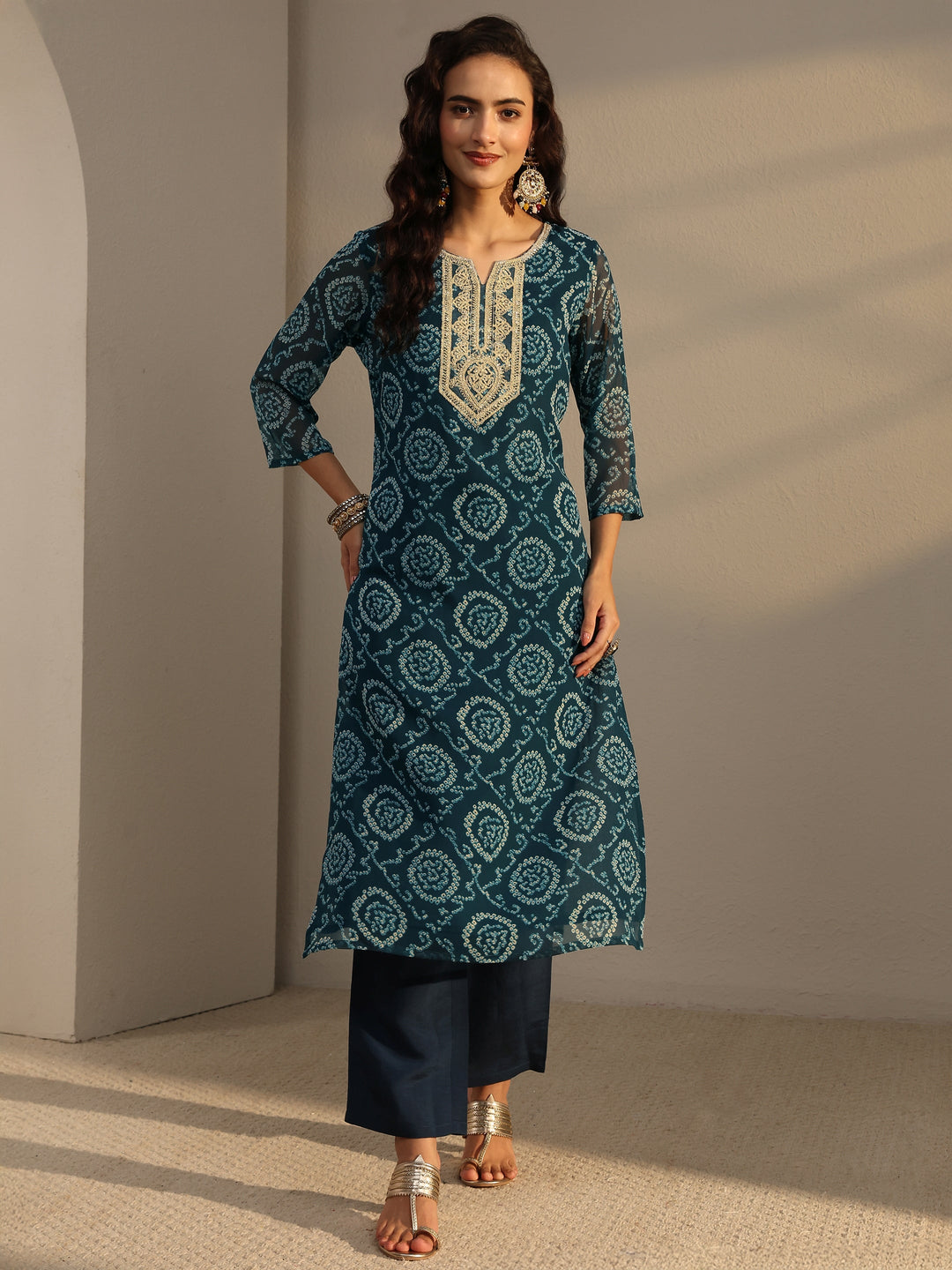 Blue Bandhani Printed Chiffon Straight Kurta