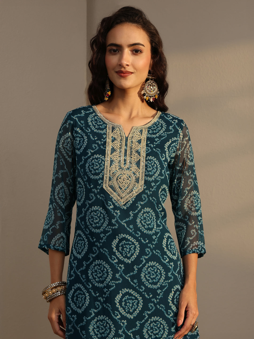Blue Bandhani Printed Chiffon Straight Kurta