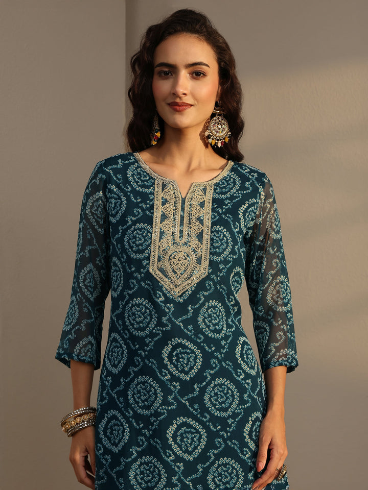 Blue Bandhani Printed Chiffon Straight Kurta