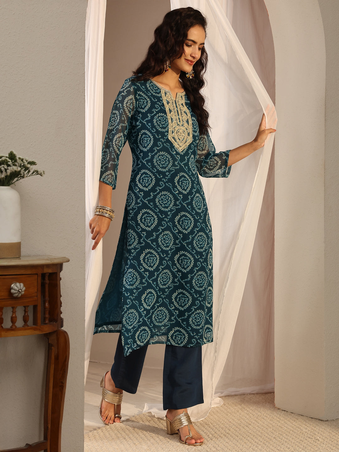 Blue Bandhani Printed Chiffon Straight Kurta