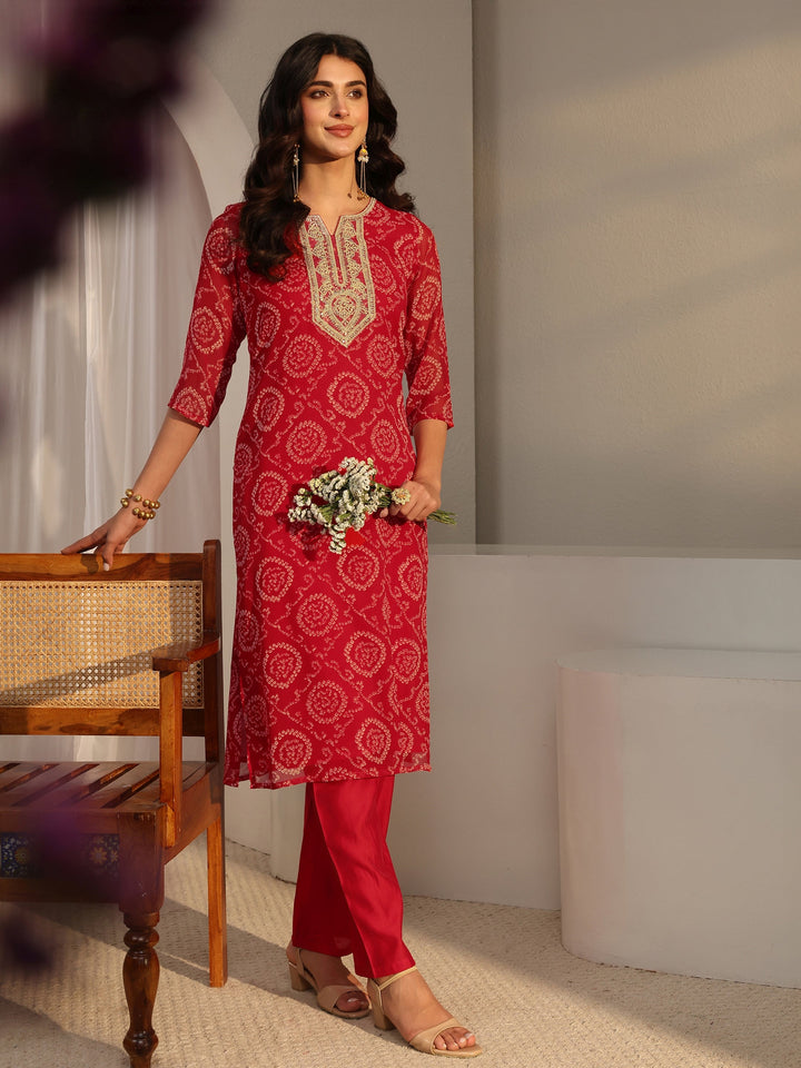 Red Bandhani Printed Chiffon Straight Kurta