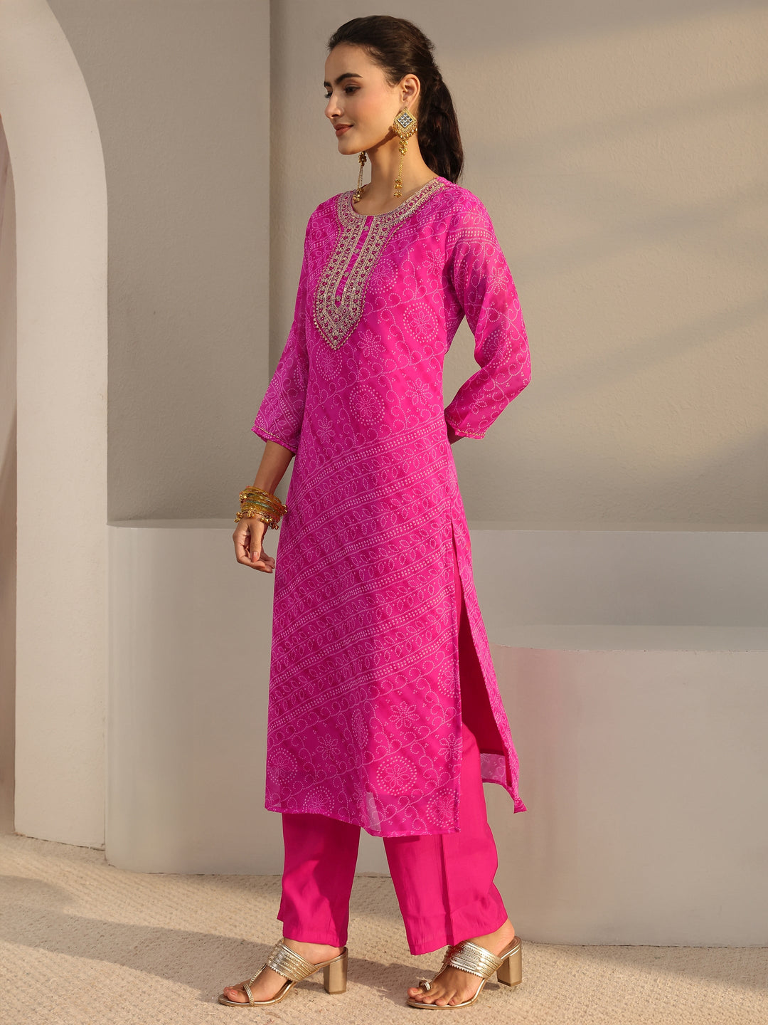 Fuchsia Pink Bandhani Printed Chiffon Straight Kurta