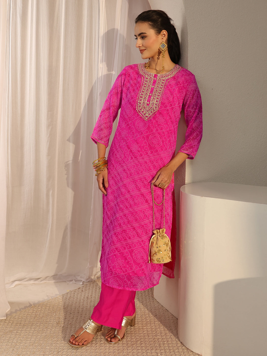 Fuchsia Pink Bandhani Printed Chiffon Straight Kurta