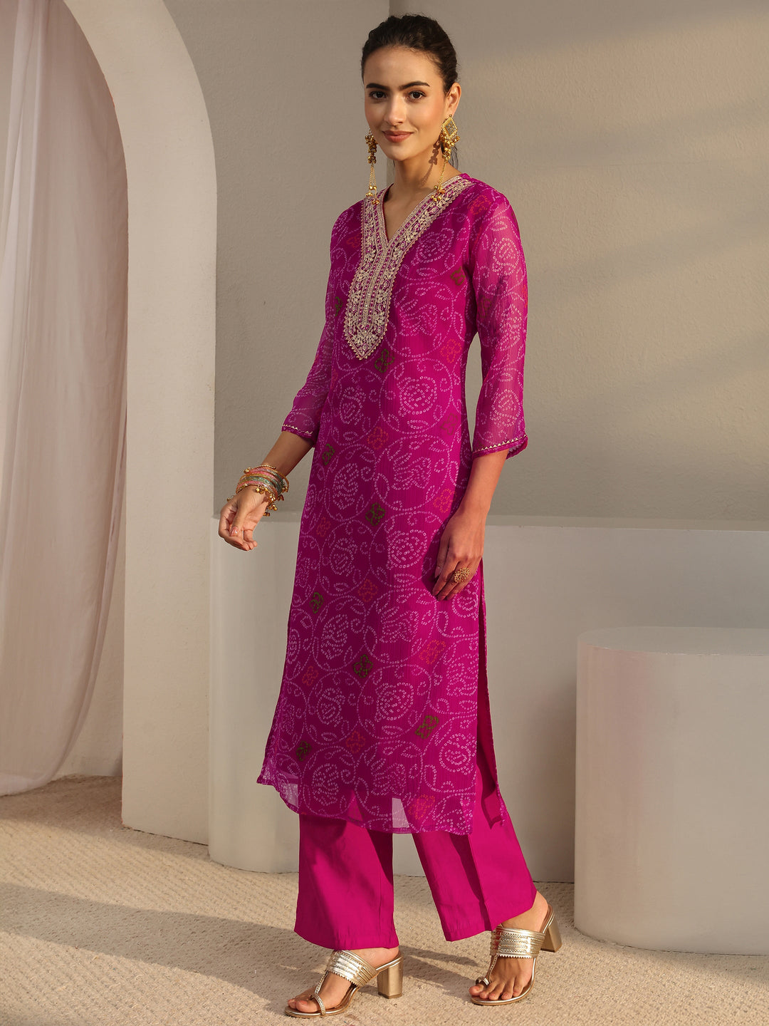 Pink Bandhani Printed Chiffon Straight Kurta