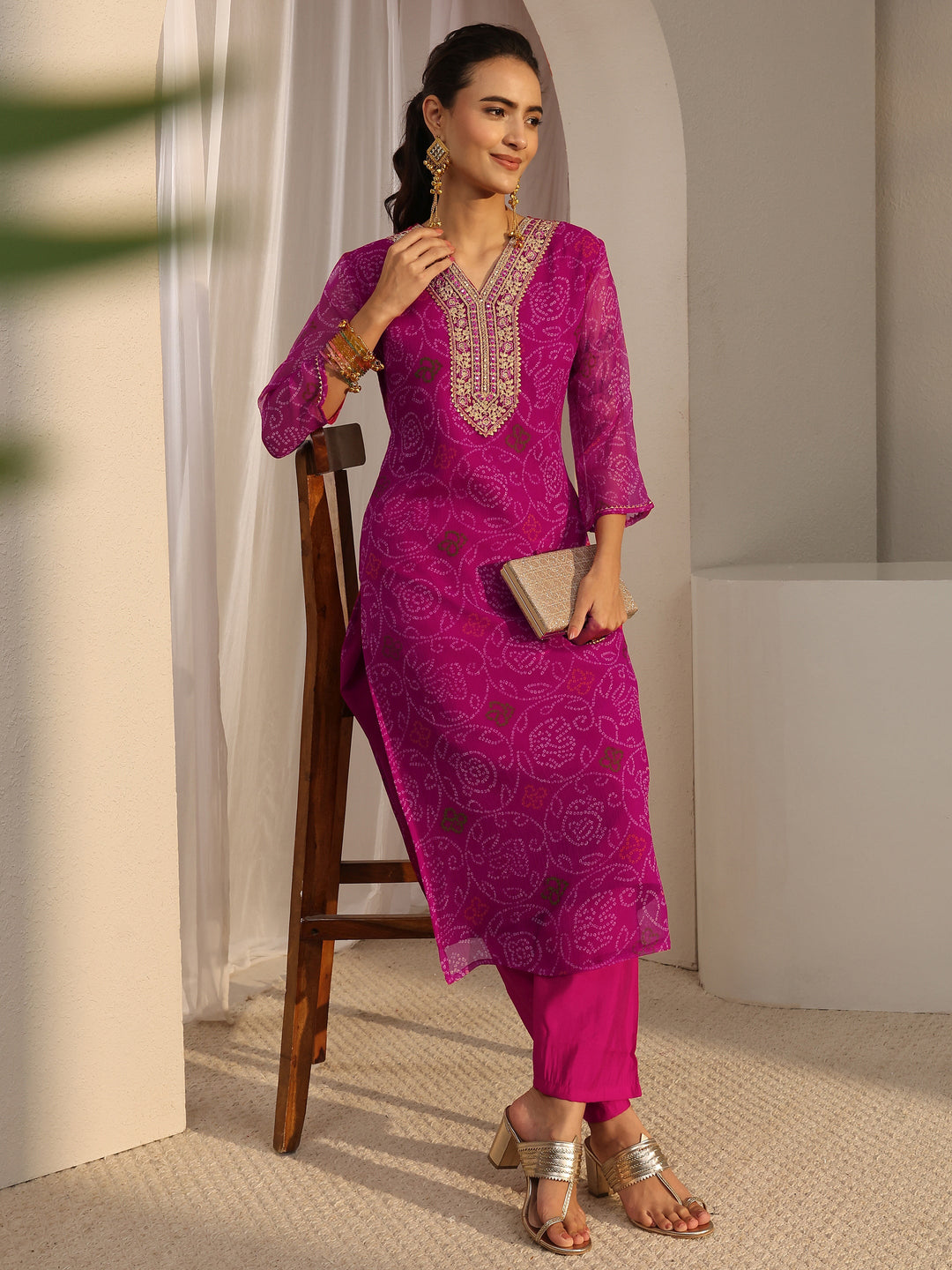 Pink Bandhani Printed Chiffon Straight Kurta