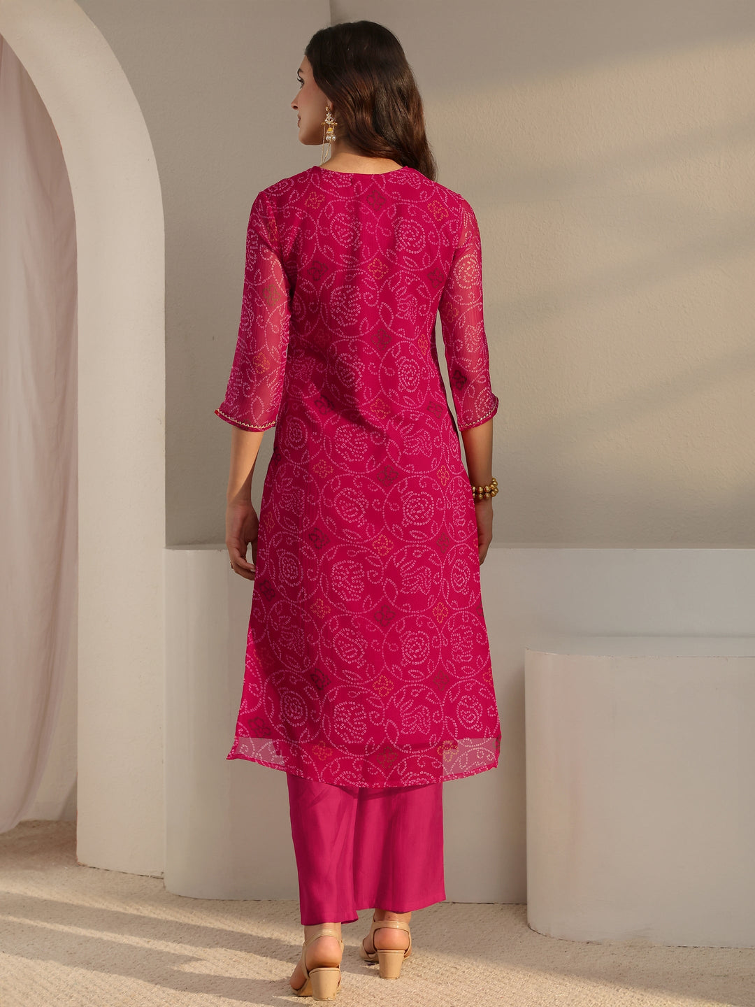 Pink Bandhani Printed Chiffon Straight Kurta