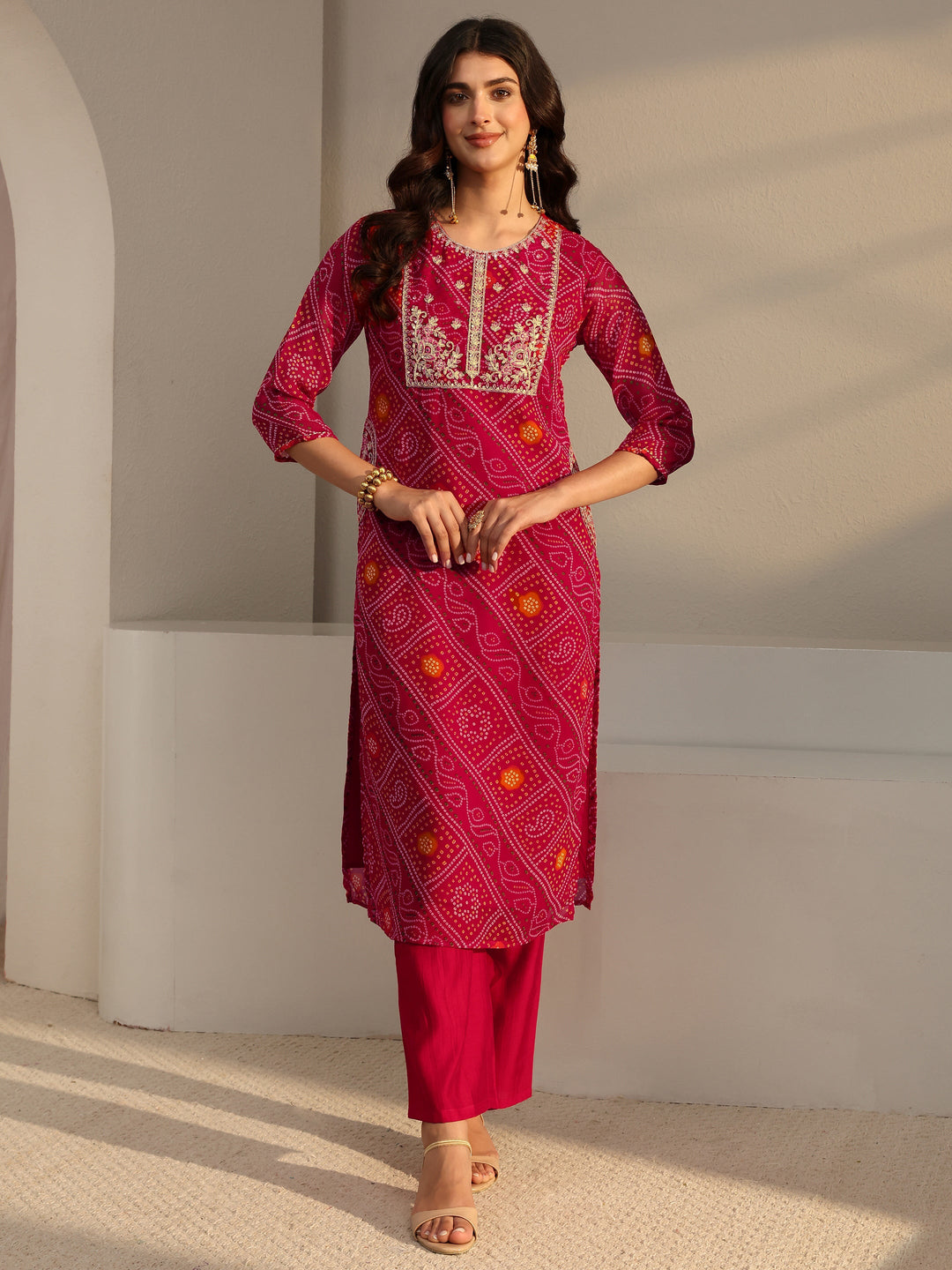 Pink Bandhani Printed Chiffon Straight Kurta