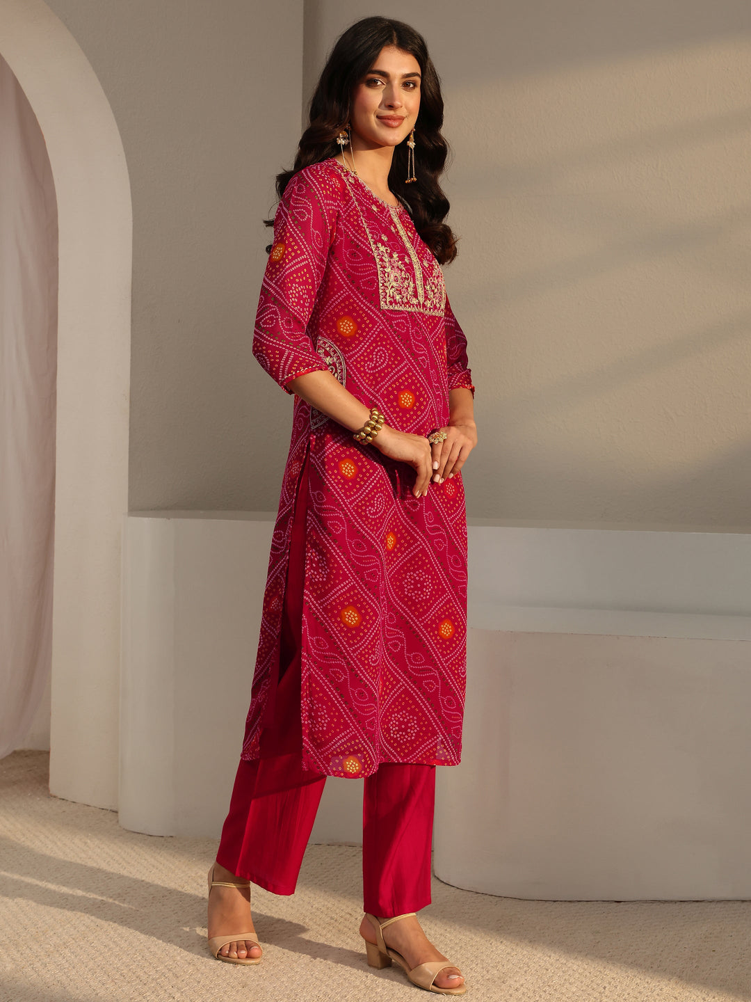 Pink Bandhani Printed Chiffon Straight Kurta