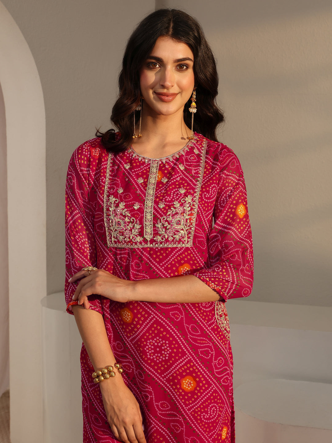 Pink Bandhani Printed Chiffon Straight Kurta