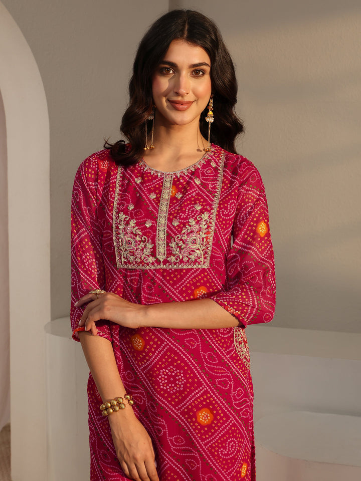 Pink Bandhani Printed Chiffon Straight Kurta