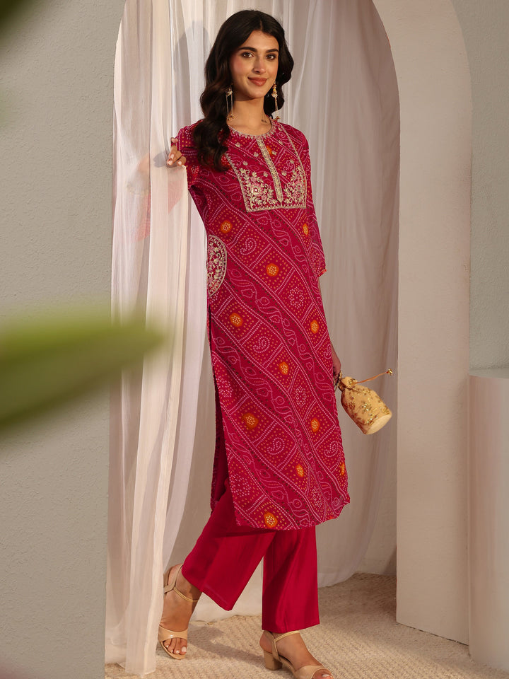 Pink Bandhani Printed Chiffon Straight Kurta