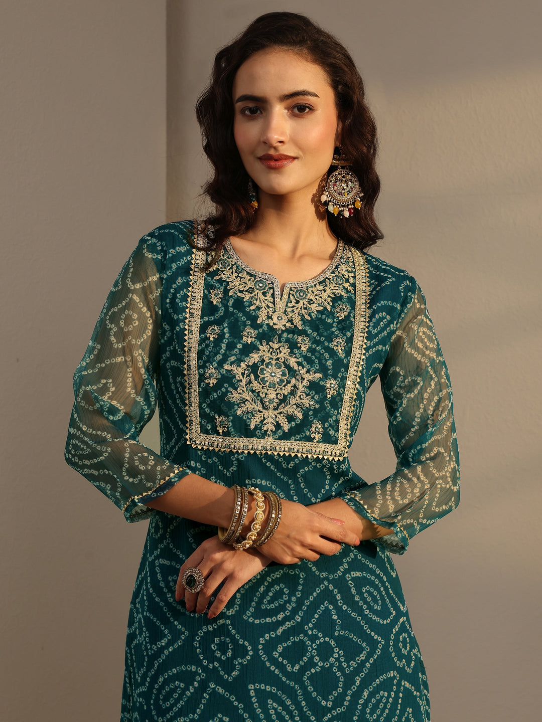 Blue Bandhani Printed Chiffon Straight Kurta