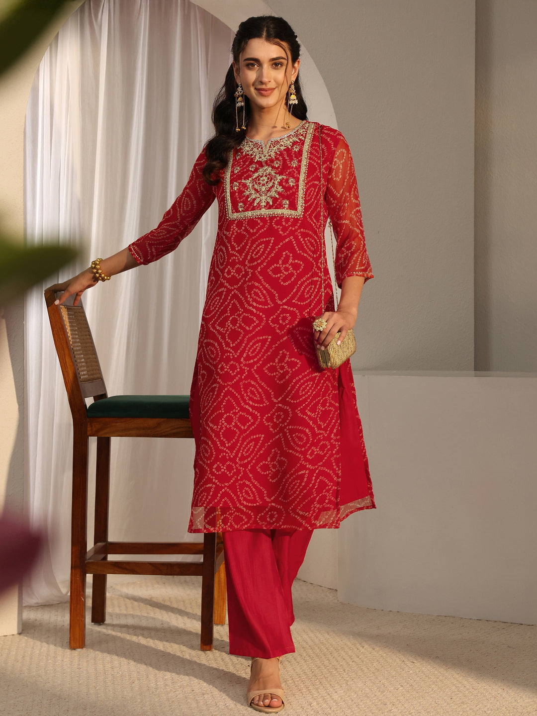 Red Bandhani Printed Chiffon Straight Kurta