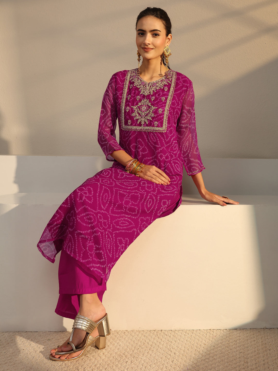 Pink Bandhani Printed Chiffon Straight Kurta