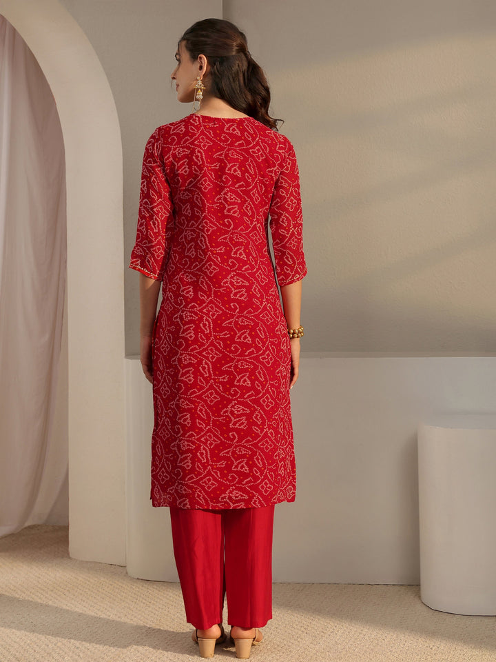 Red Bandhani Printed Chiffon Straight Kurta