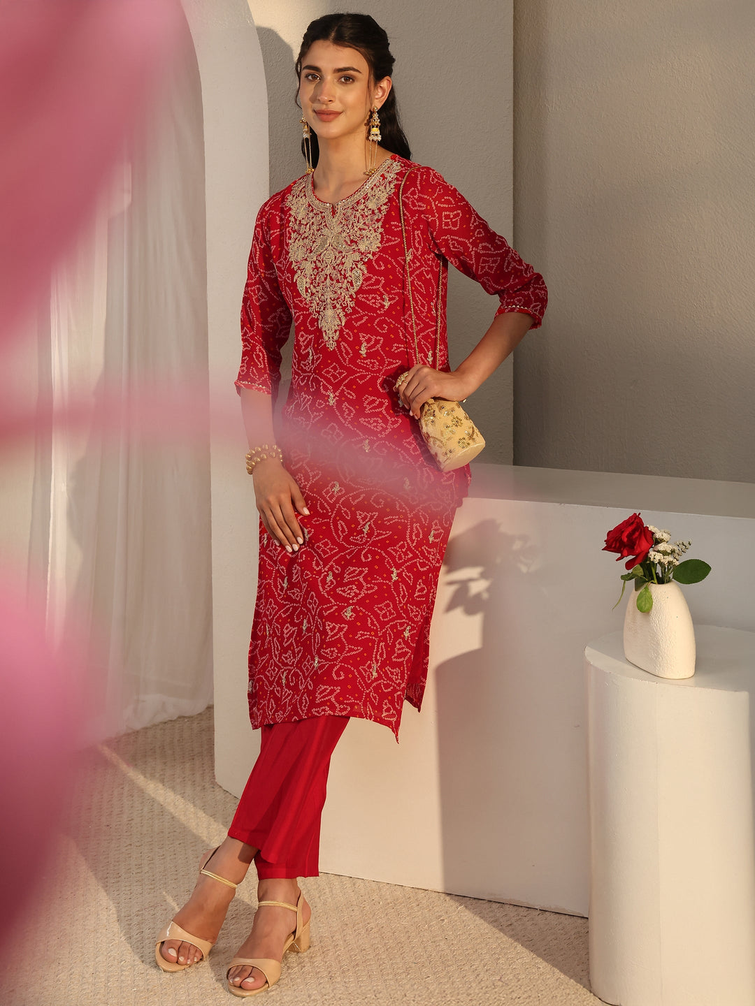 Red Bandhani Printed Chiffon Straight Kurta