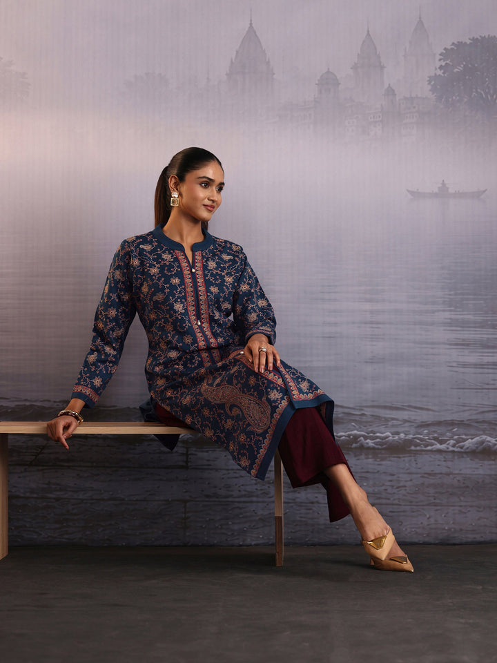 Libas Navy Blue Floral Embroidered Woolen Straight Kurta