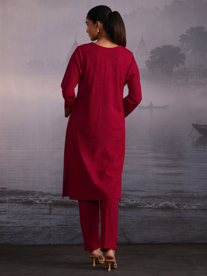 Libas Ruby Red Ethnic Embroidered Woolen Straight Kurta