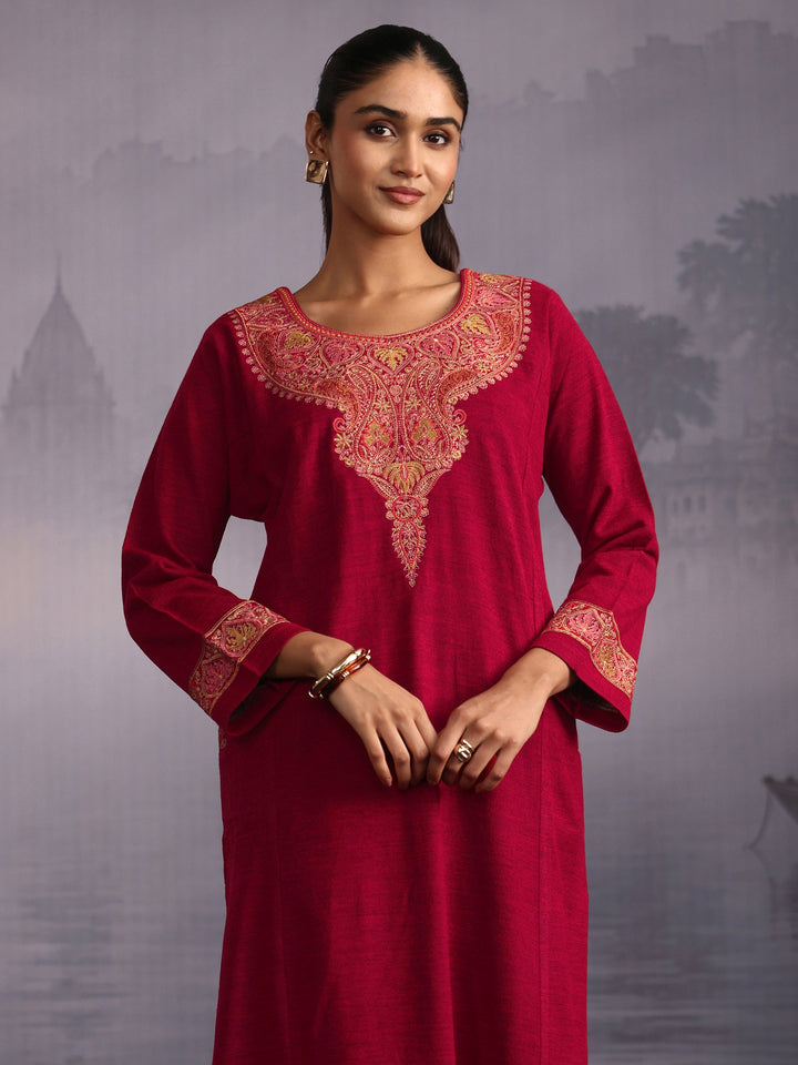 Libas Ruby Red Ethnic Embroidered Woolen Straight Kurta