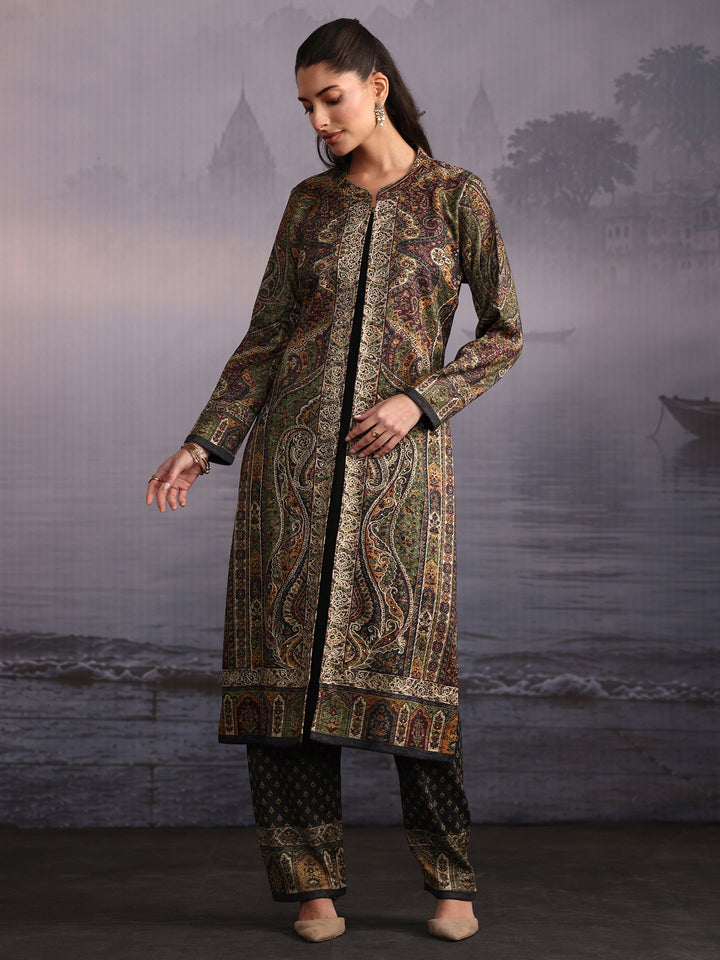 Libas Black Ethnic Embroidered Layered Woolen Straight Kurta