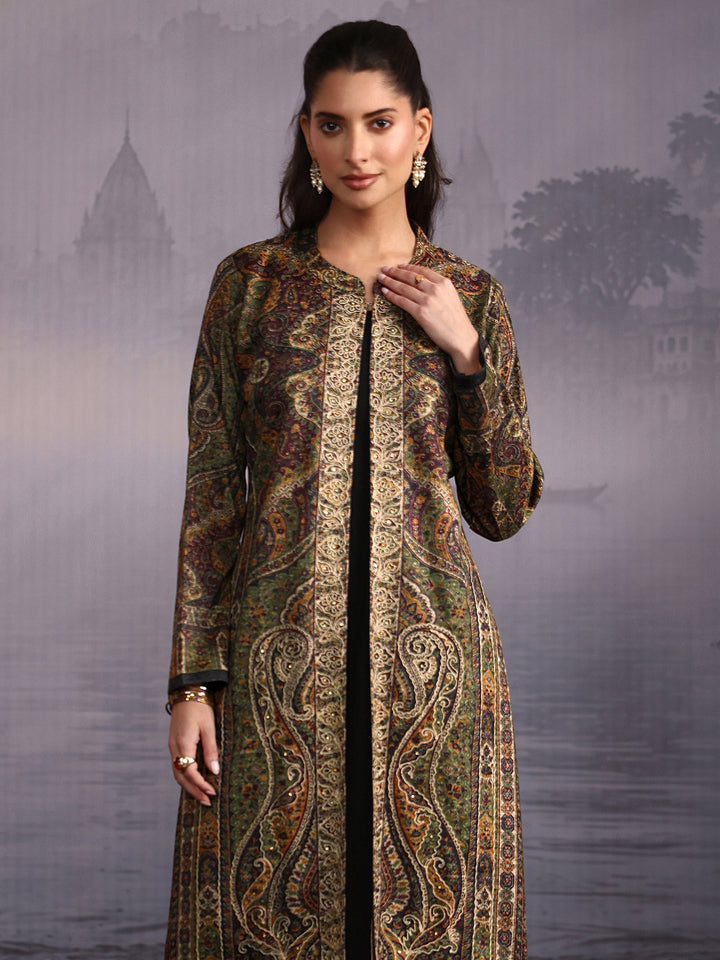 Libas Black Ethnic Embroidered Layered Woolen Straight Kurta
