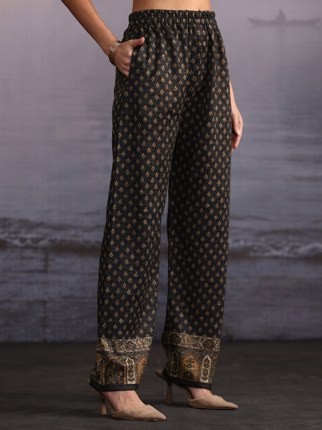 Libas Black Ethnic Embroidered Layered Woolen Straight Kurta