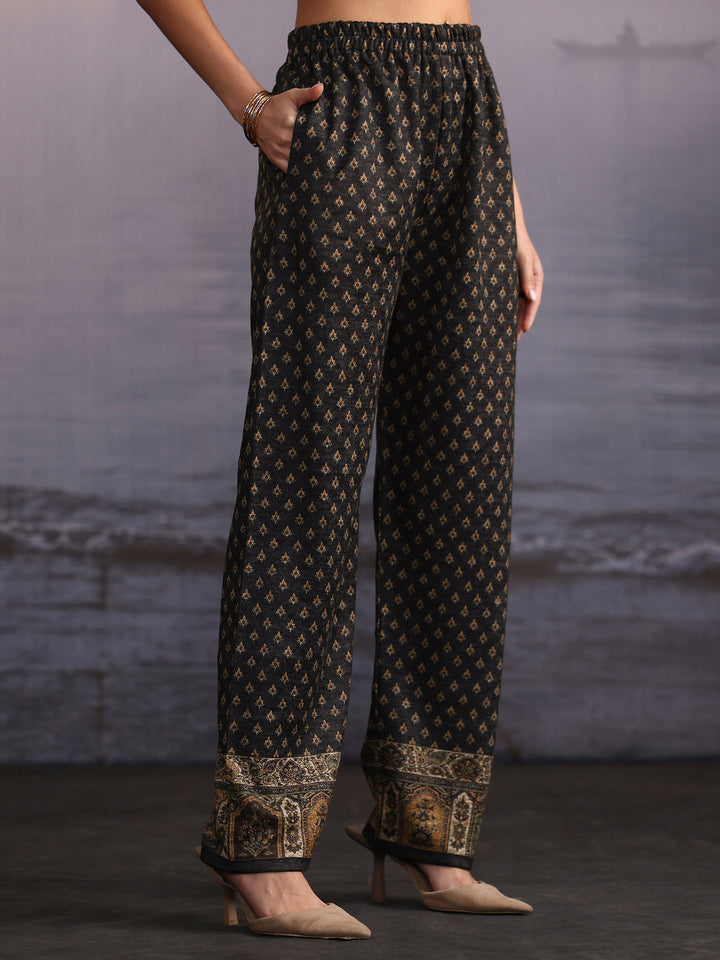 Libas Black Ethnic Embroidered Layered Woolen Straight Kurta