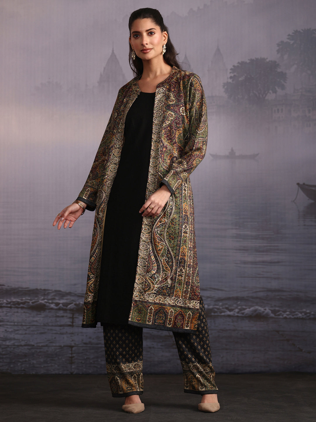 Libas Black Ethnic Embroidered Layered Woolen Straight Kurta