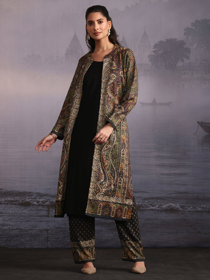 Libas Black Ethnic Embroidered Layered Woolen Straight Kurta