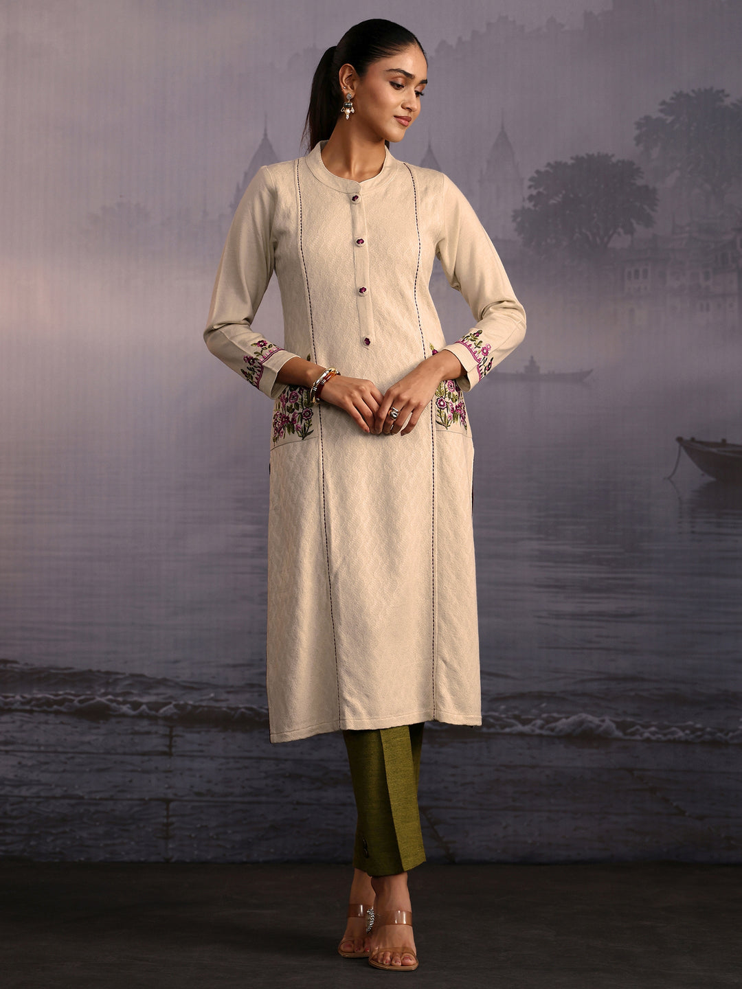 Libas Off White Floral Embroidered Woolen Straight Kurta