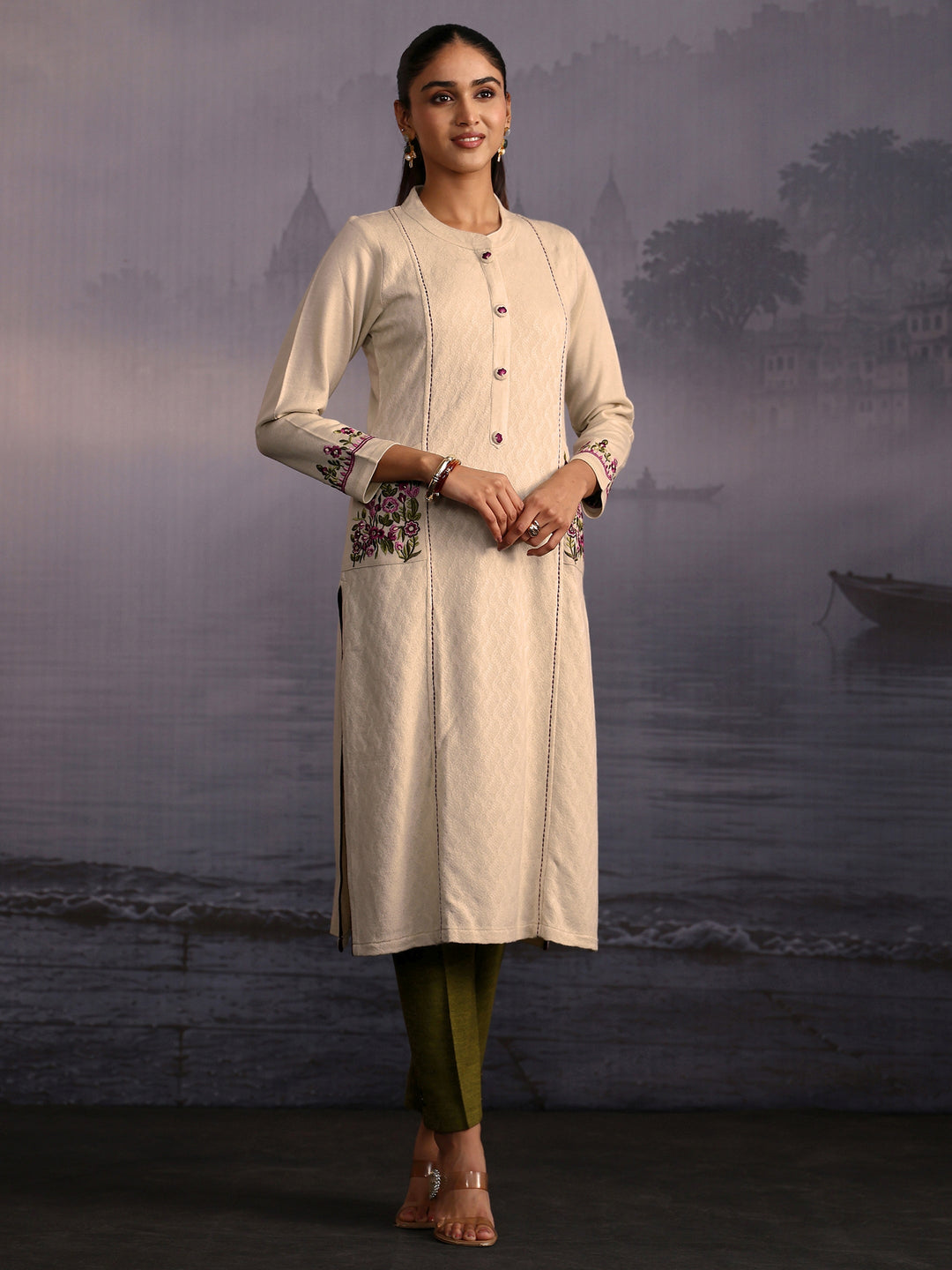 Libas Off White Floral Embroidered Woolen Straight Kurta