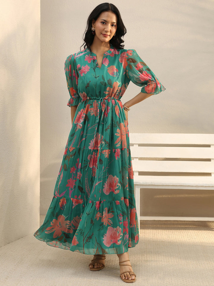 Green Floral Printed Chiffon Tiered One Piece Dress