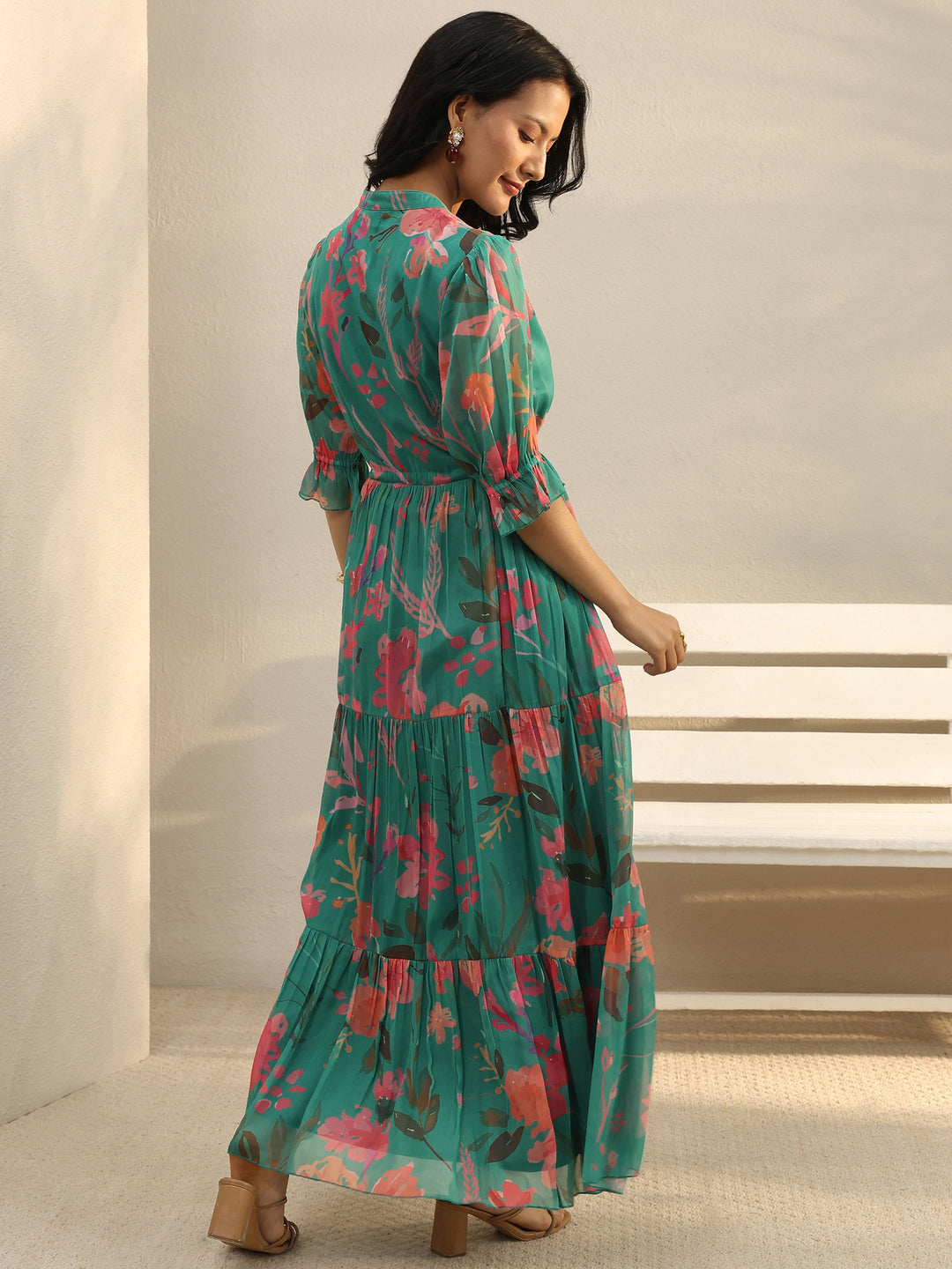 Green Floral Printed Chiffon Tiered One Piece Dress