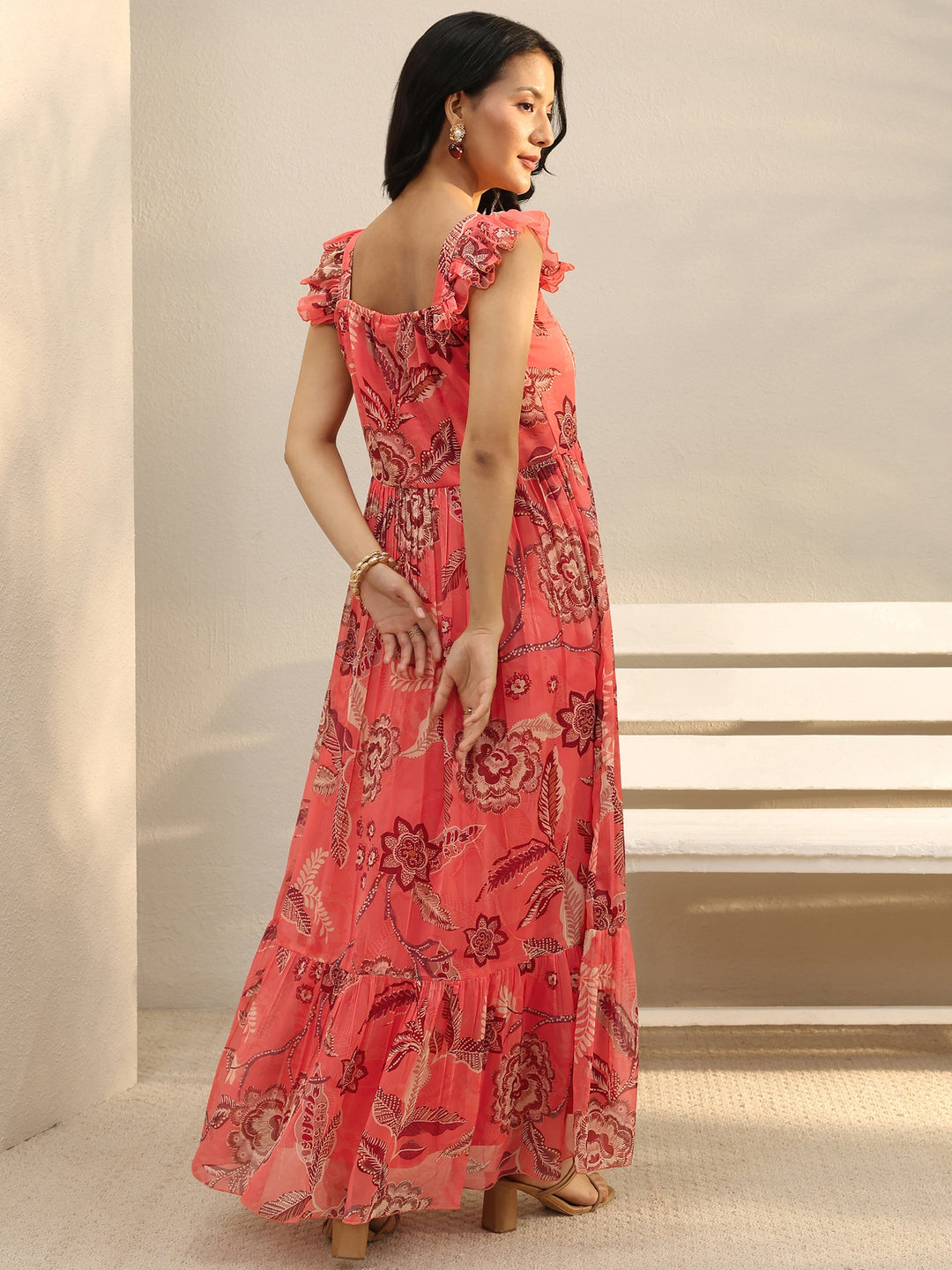 Peach Floral Printed Chiffon Ruffle Sleeve Drop Waist Dress