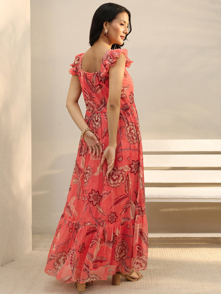 Peach Floral Printed Chiffon Ruffle Sleeve Drop Waist Dress