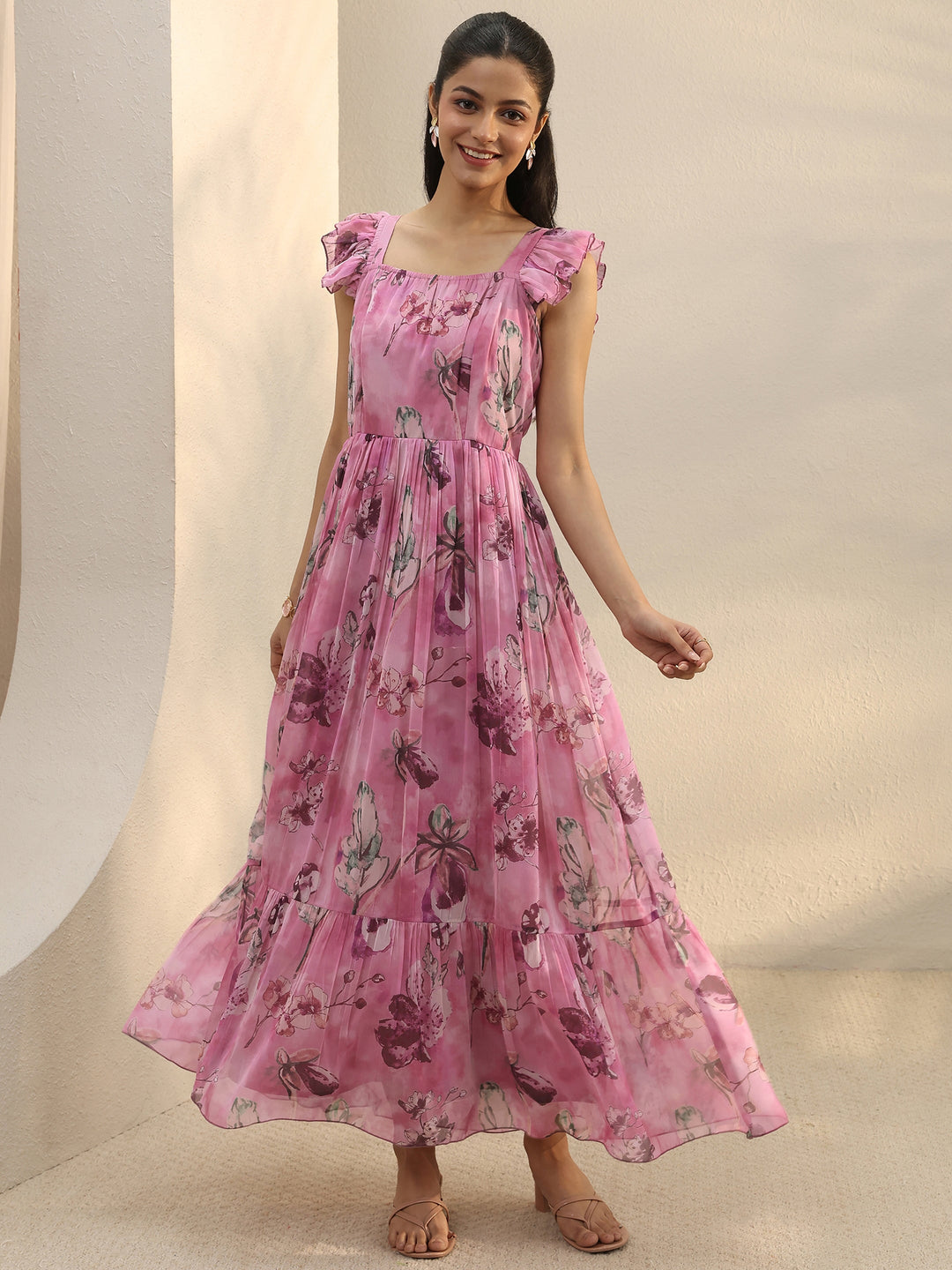 Pink Floral Printed Chiffon Ruffle Sleeve Drop Waist Dress