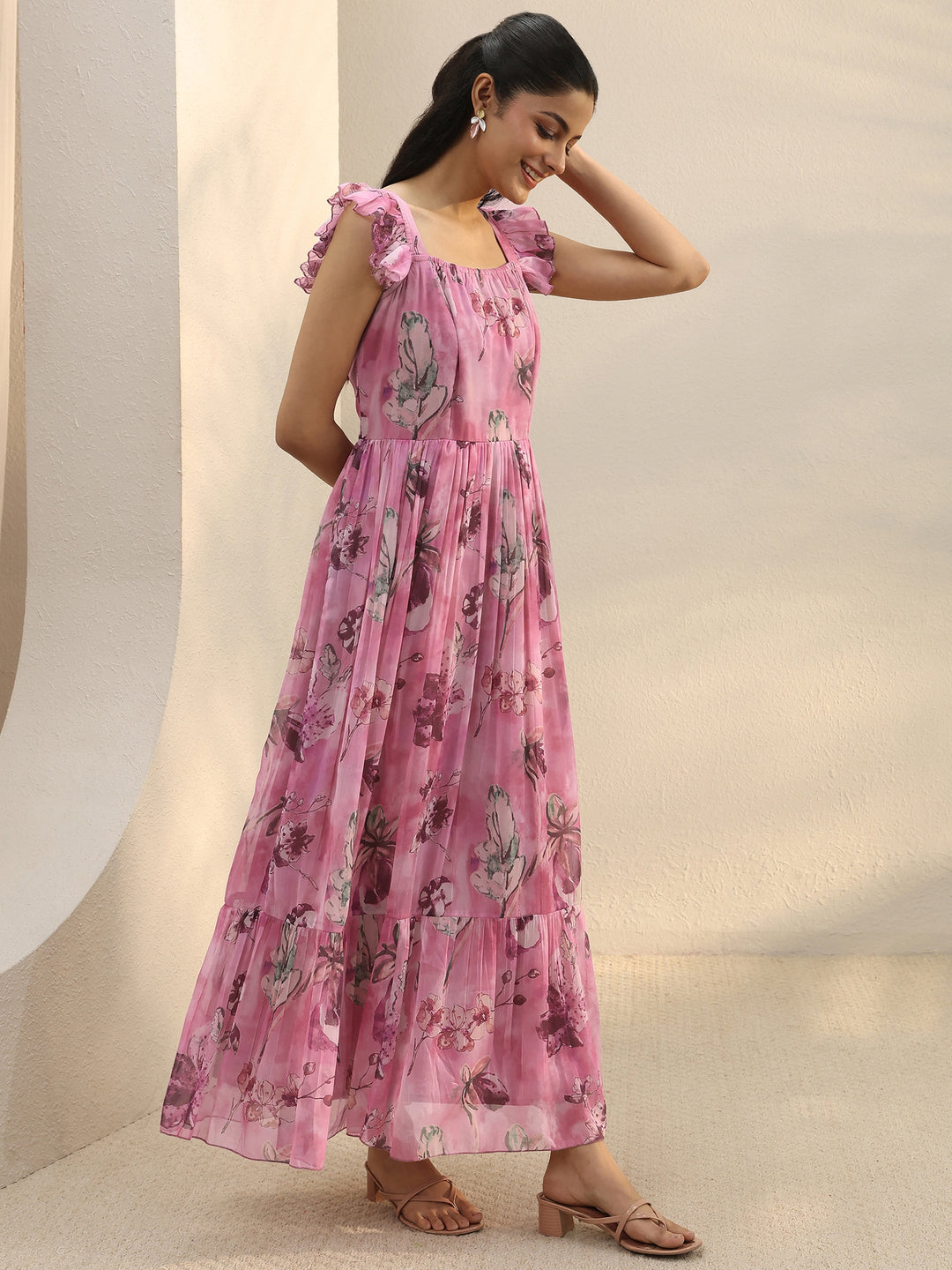 Pink Floral Printed Chiffon Ruffle Sleeve Drop Waist Dress