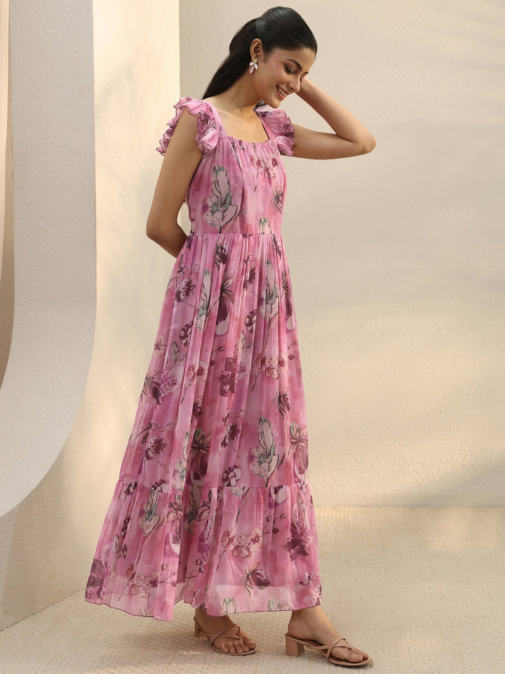 Pink Floral Printed Chiffon Ruffle Sleeve Drop Waist Dress